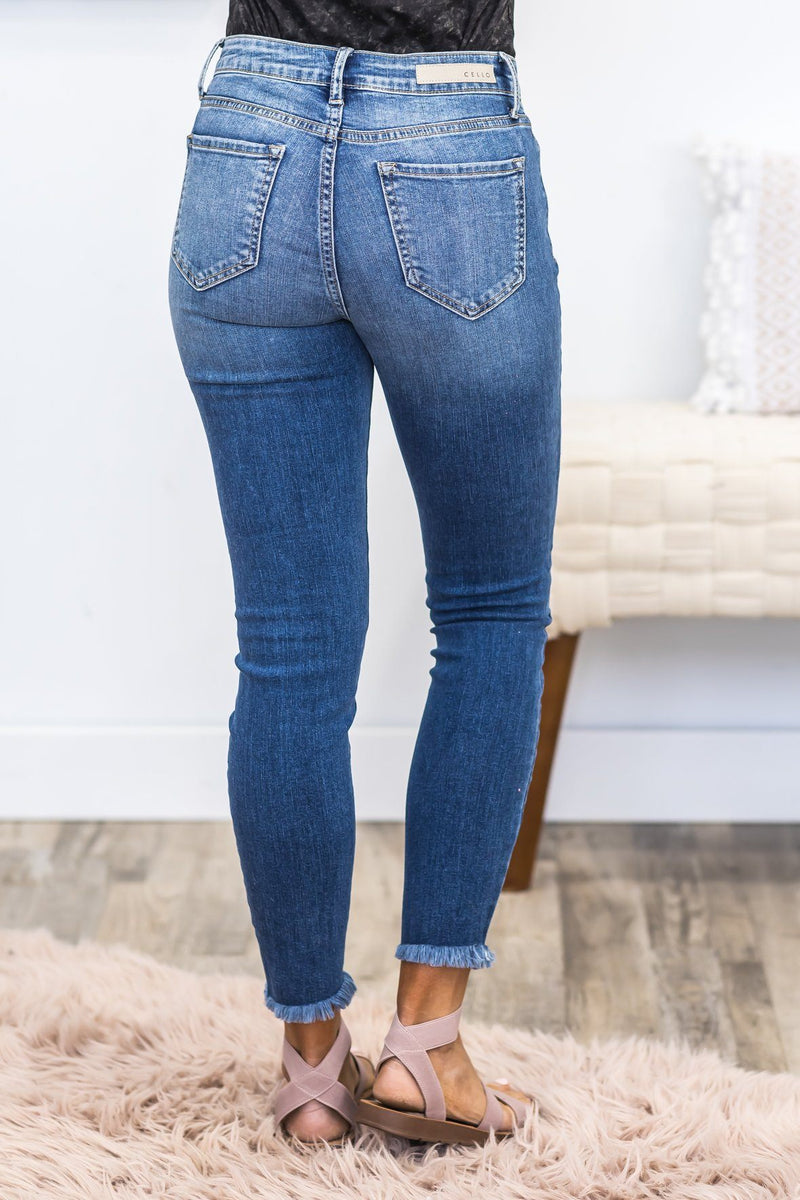 Cala Mid Rise Crop Skinny Frayed Hem Jeans in Dark Denim - Filly Flair