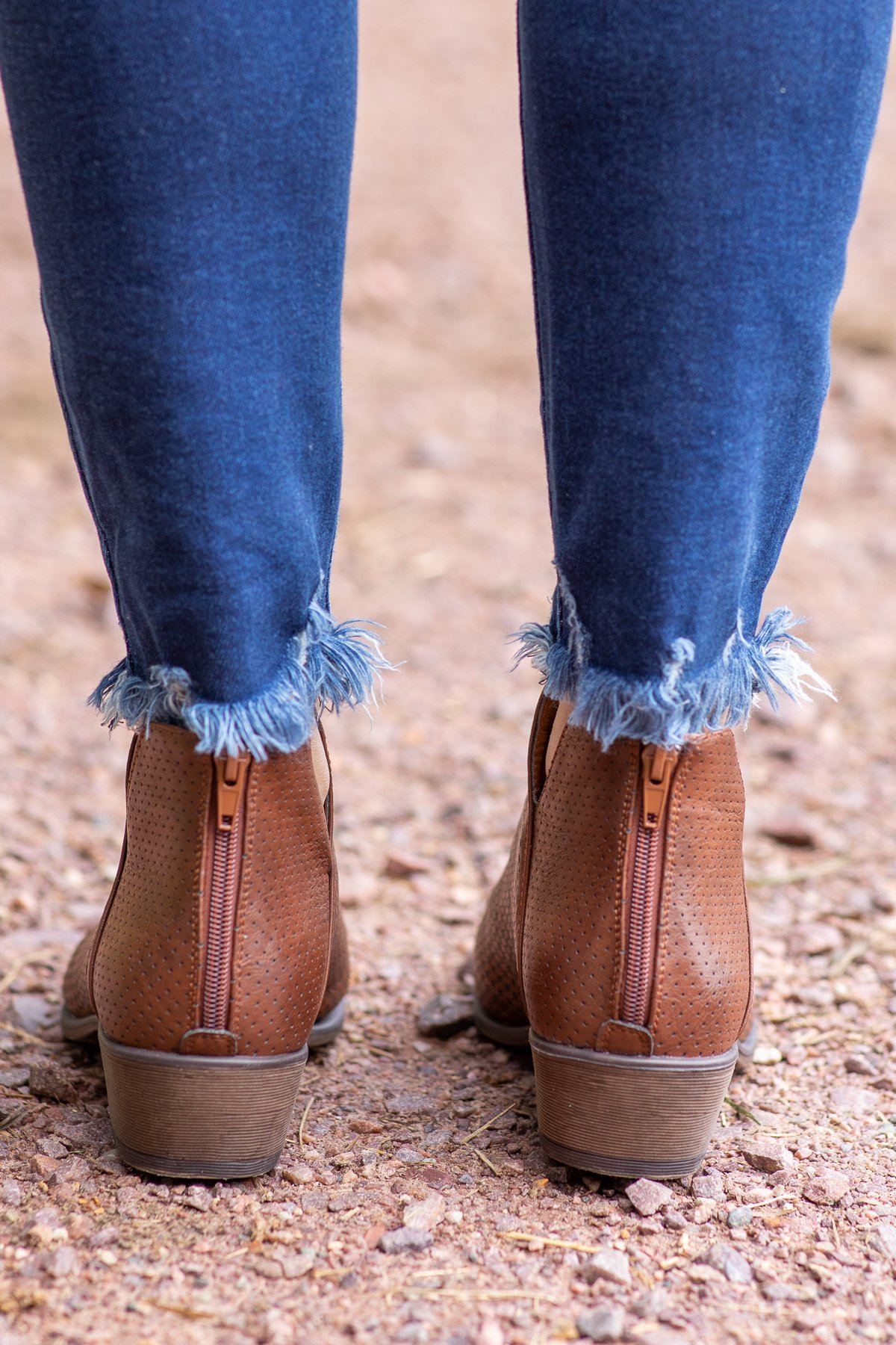 Brown Laser Cutout Heel Zip Up Bootie