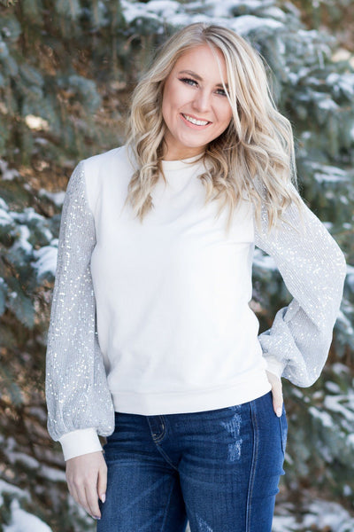 white sequin long sleeve top