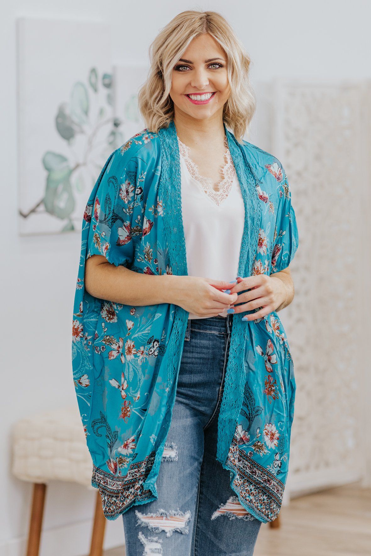 Sun Will Shine After The Rain Floral Kimono In Teal - Filly Flair