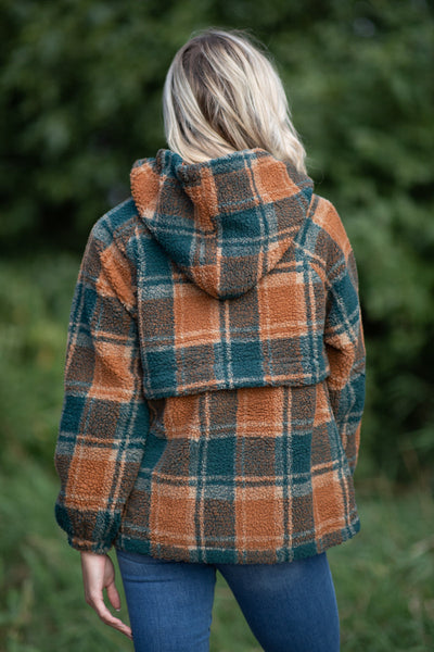 Teal and Rust Plaid Hooded 1/4 Zip Pullover - Filly Flair