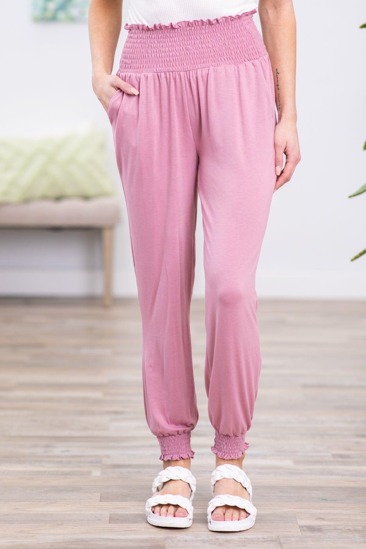 Dusty Rose Smocked Waist Jogger Pants · Filly Flair