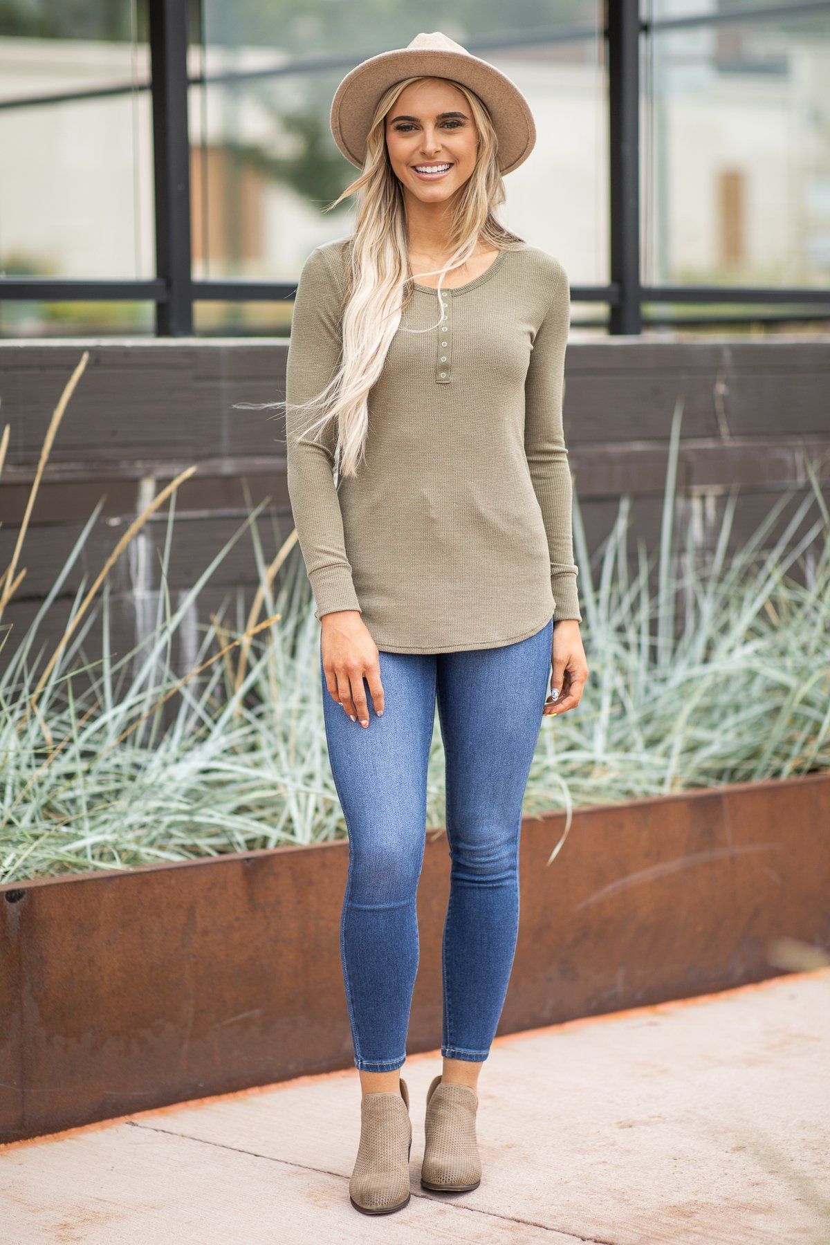 Olive Henley Top with Snaps