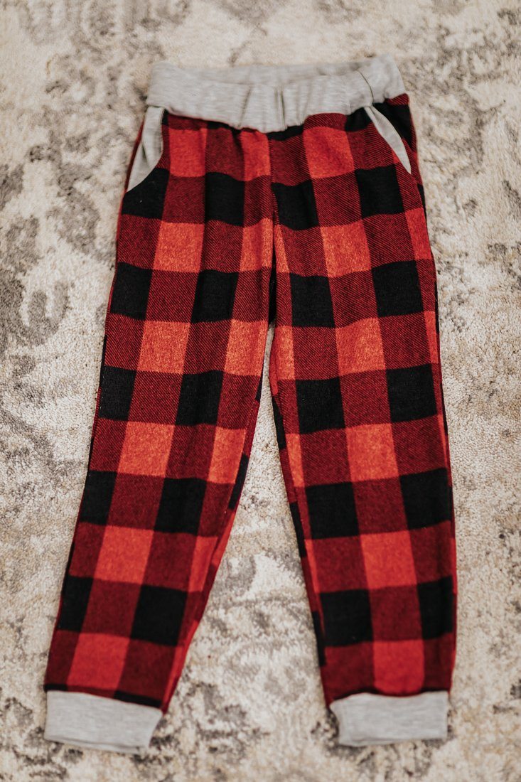 red and black plaid joggers