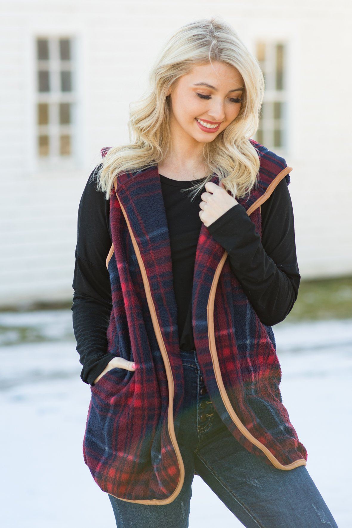 Adventures Ahead Buffalo Plaid Vest in Red & Black - Filly Flair