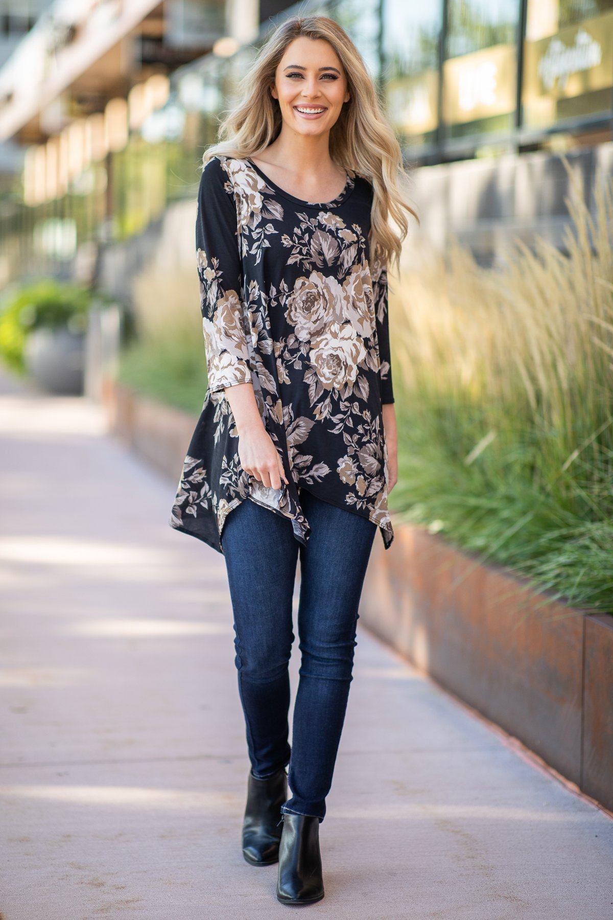 Black Floral Tunic Handkerchief Hem Top