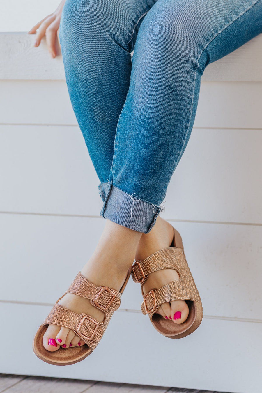 rose gold double buckle sandals