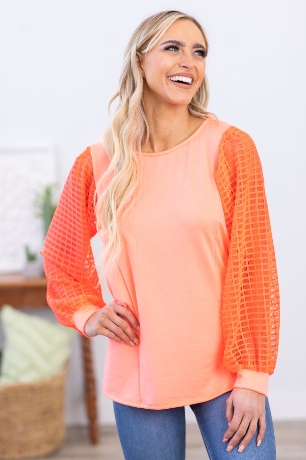 Neon Coral Textured Ballon Sleeve Top · Filly Flair