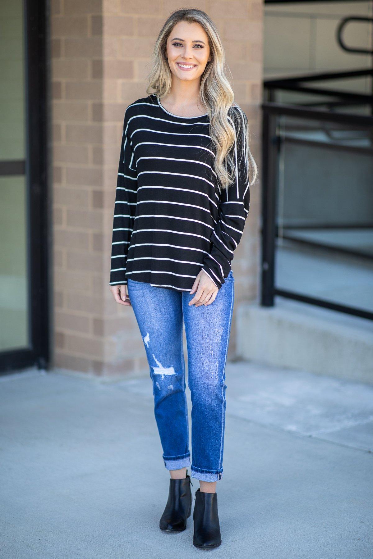 Black Striped Long Sleeve Top with Lace Detail