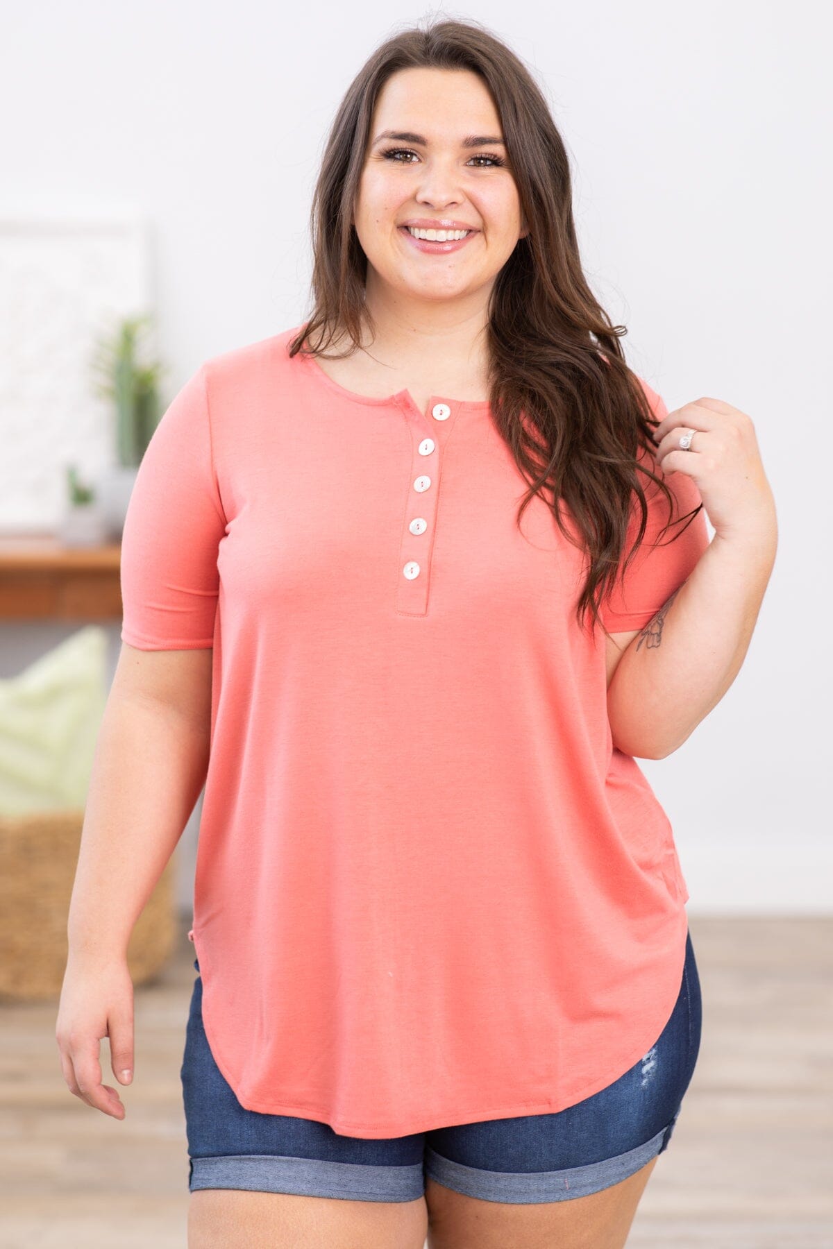 Neon Coral Textured Ballon Sleeve Top