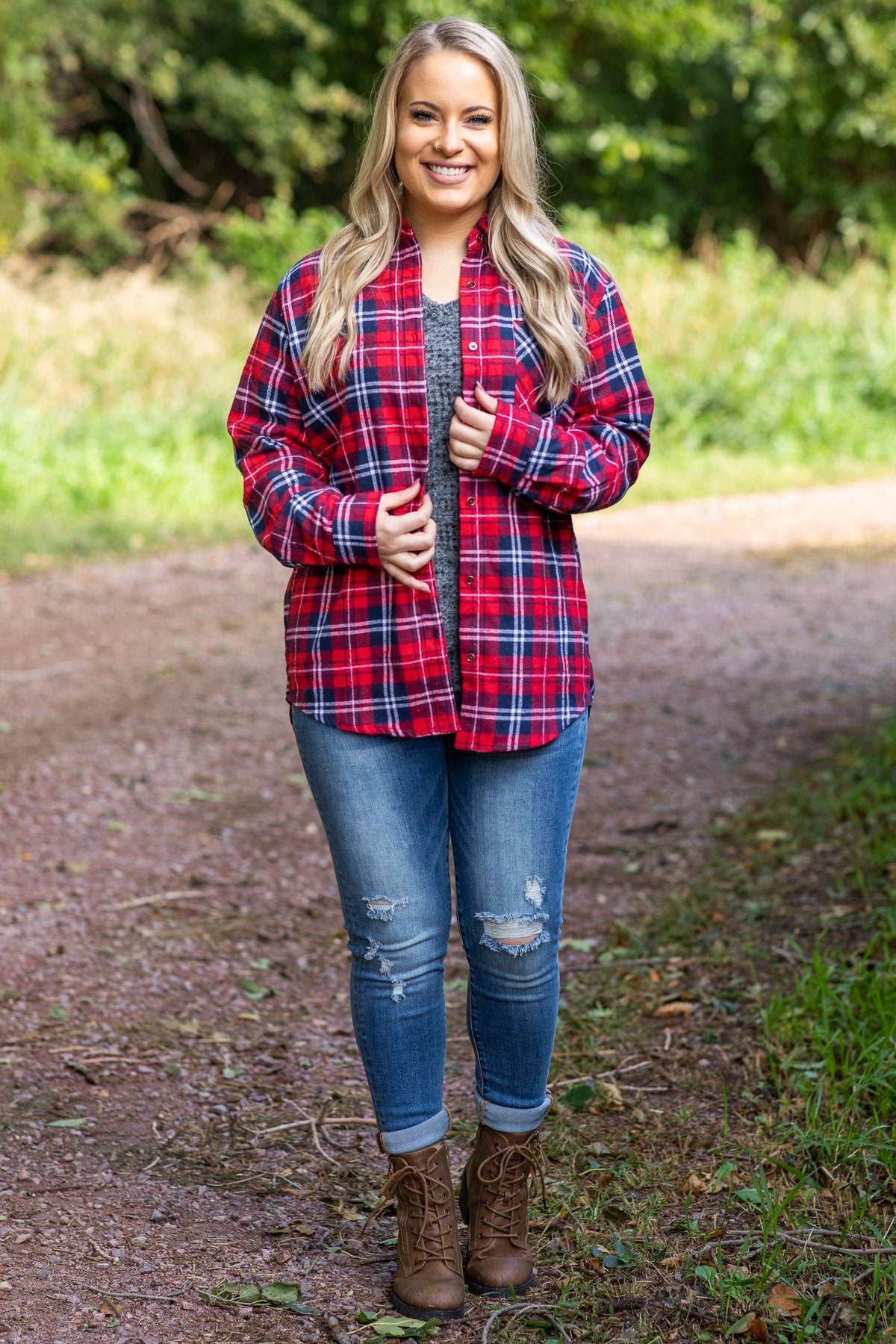 Red Button Up Plaid Chest Pocket Top