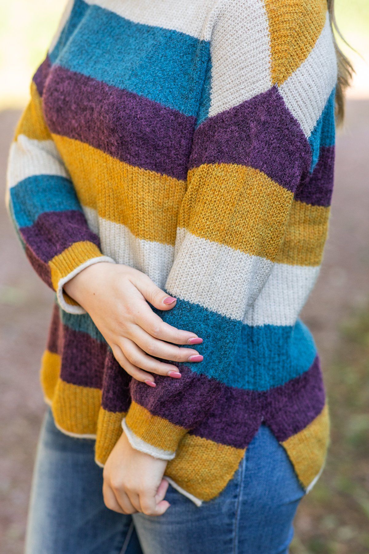 Purple and Mustard Multicolor Striped Sweater