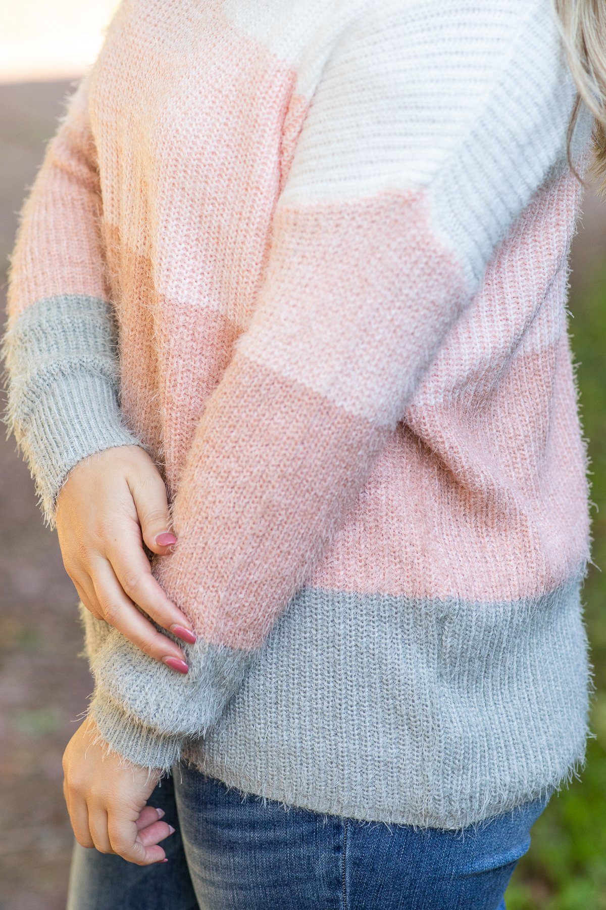 Off White and Dusty Rose Striped Sweater