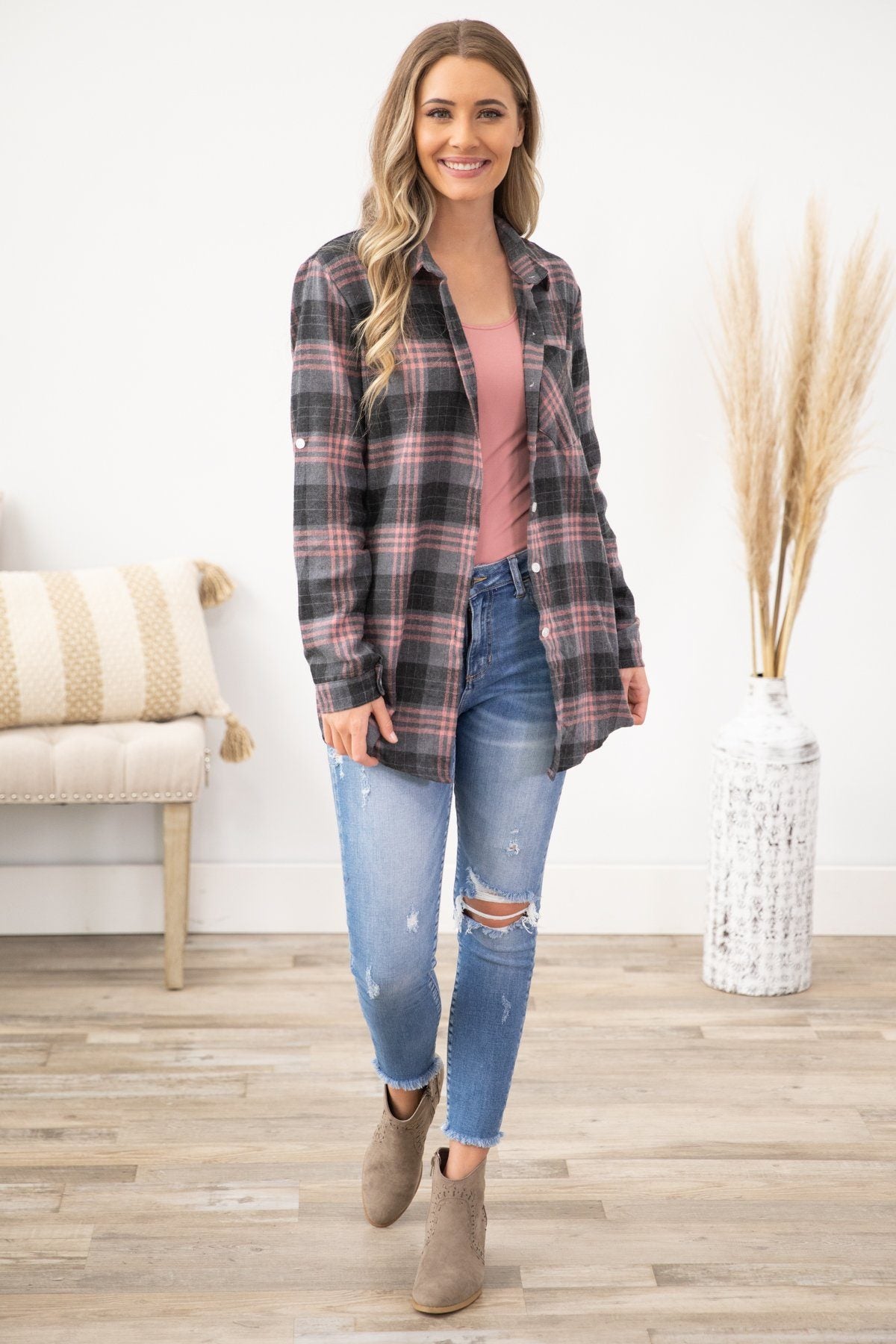 Pink Long Sleeve Button Up Pocketed Plaid Top