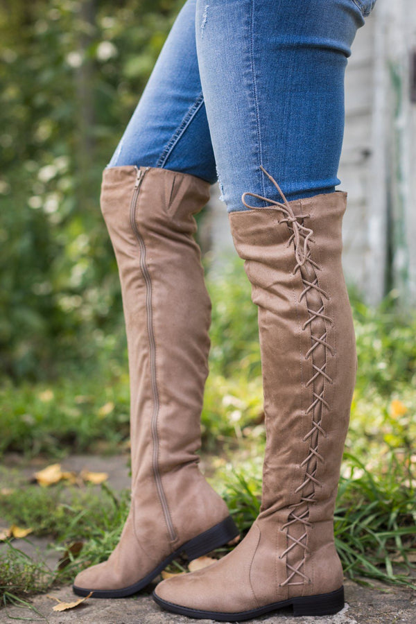 I've Got Dreams Side Lace Up Suede Tall Boot in Taupe - Filly Flair