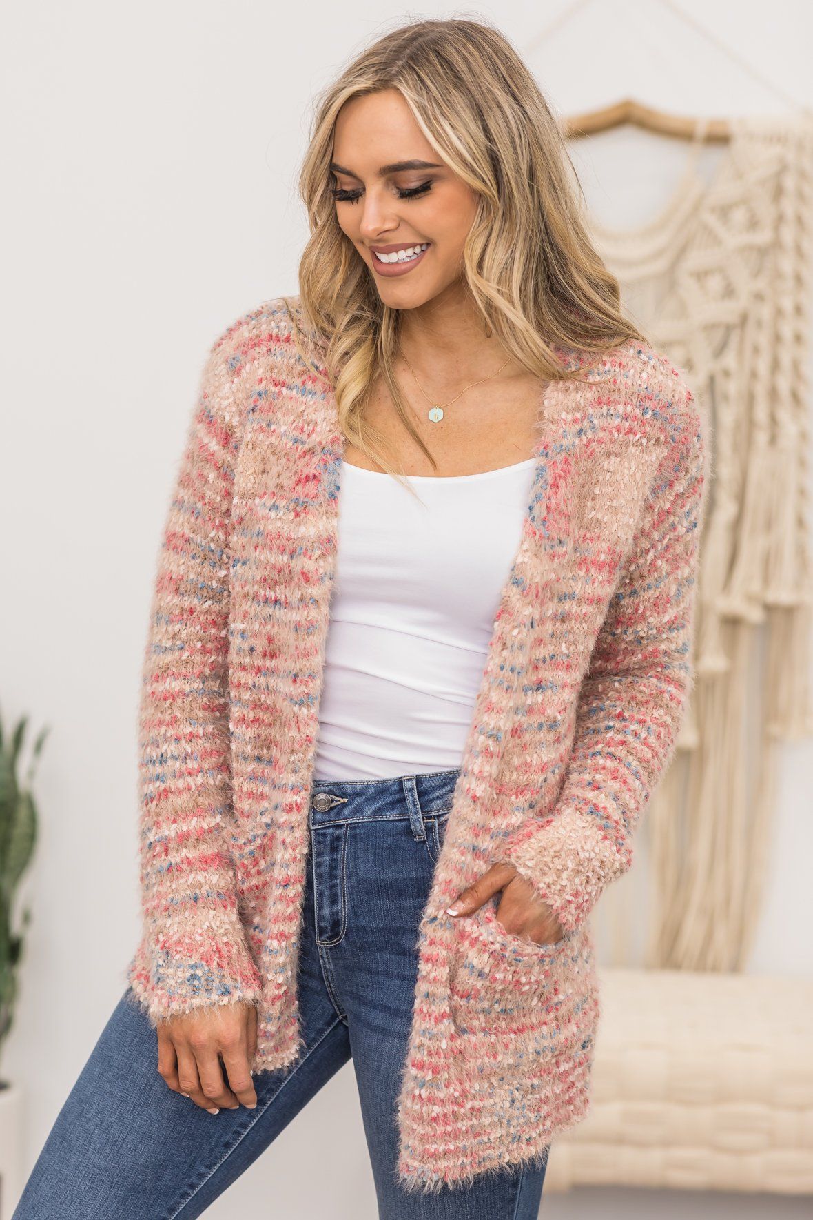 Warm and Fuzzy Open Front Long Sleeve Cardigan in Pink - Filly Flair