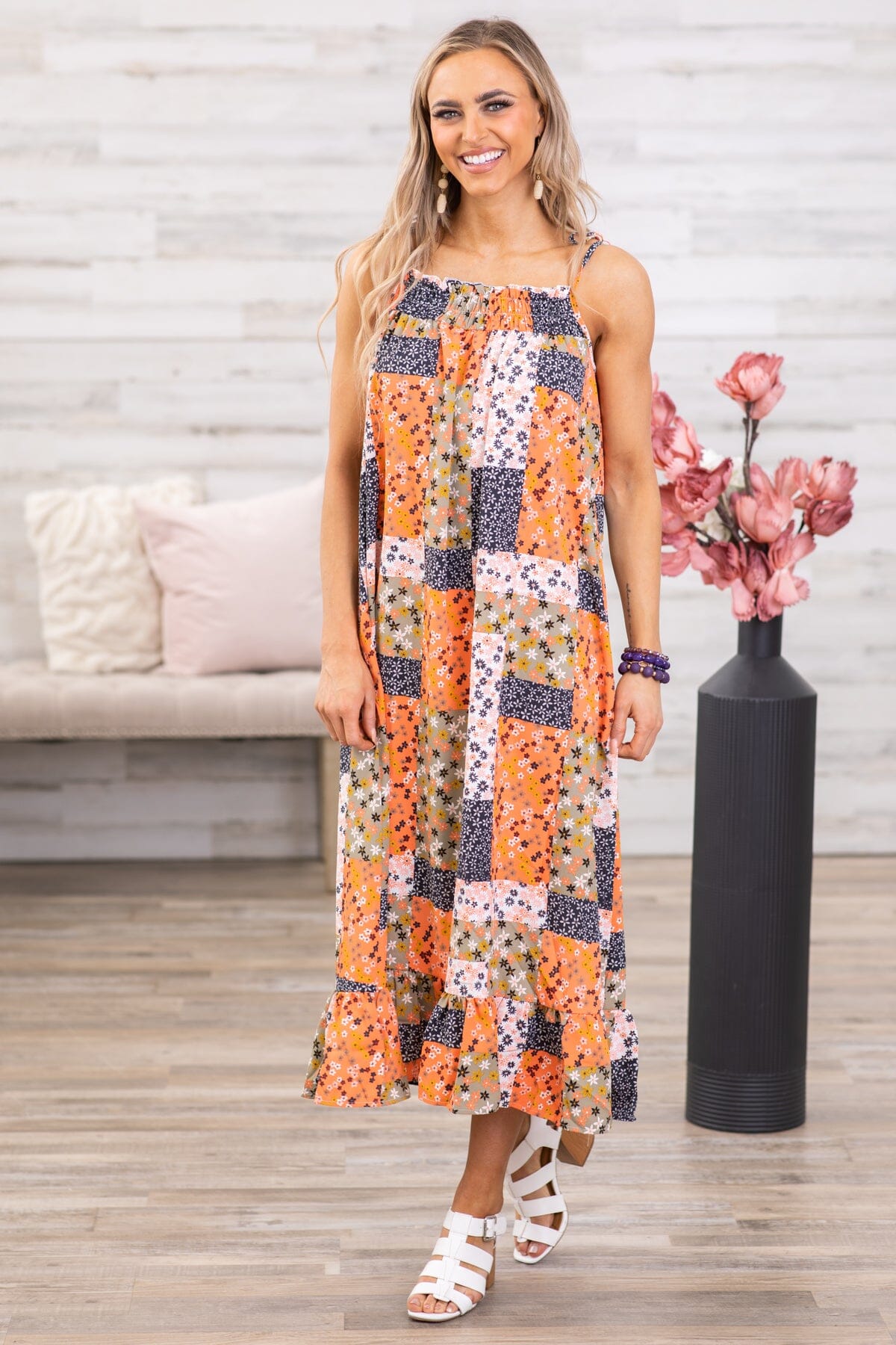 Teal and Burnt Orange Multicolor Floral Dress · Filly Flair