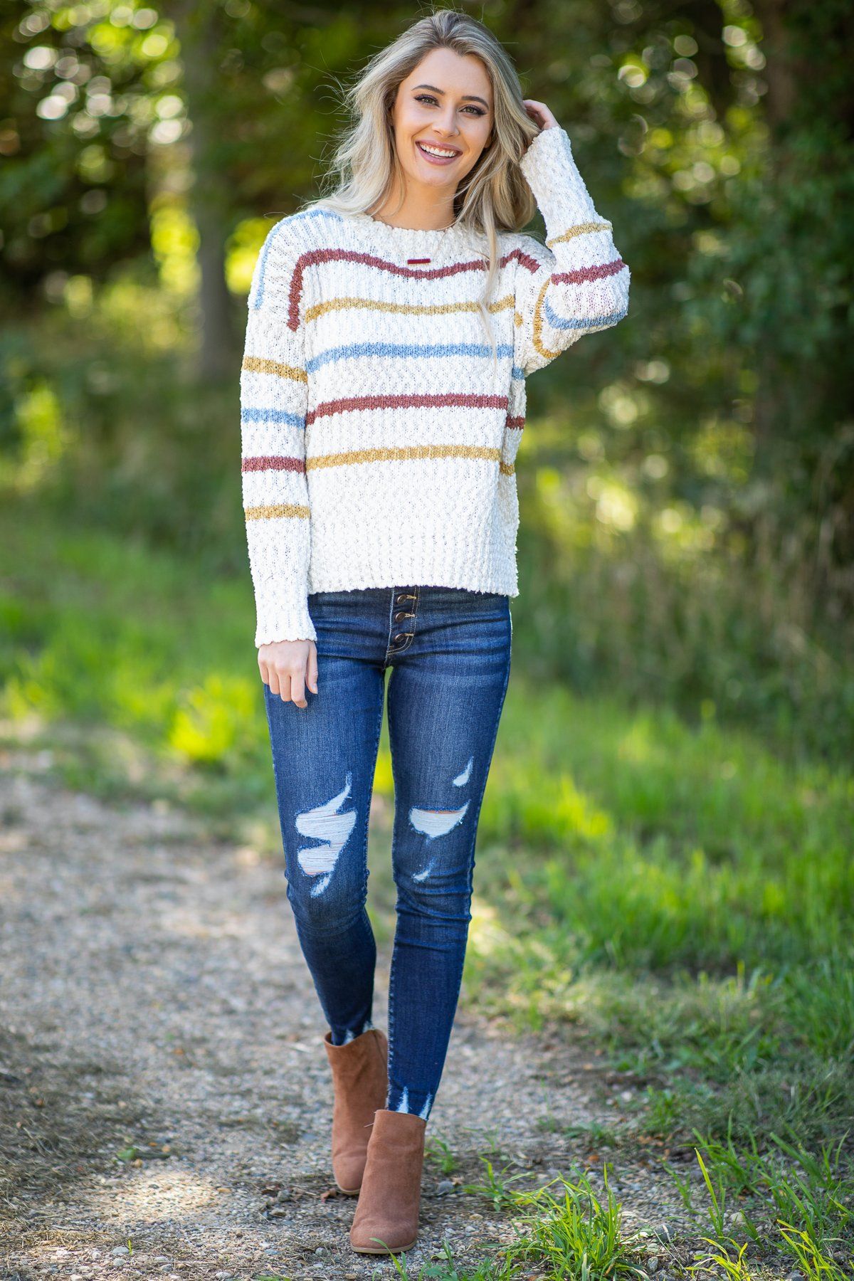 Cream Multicolor Striped Popcorn Sweater