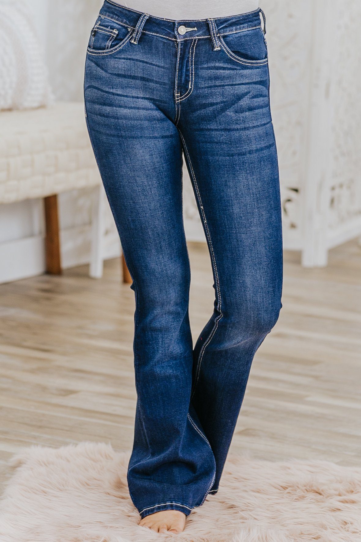 Kylee Kan Can Mid Rise Dark Wash Flare Jeans Filly Flair