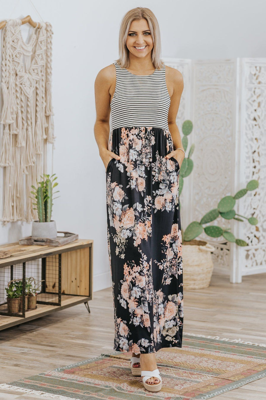 black top floral bottom maxi dress