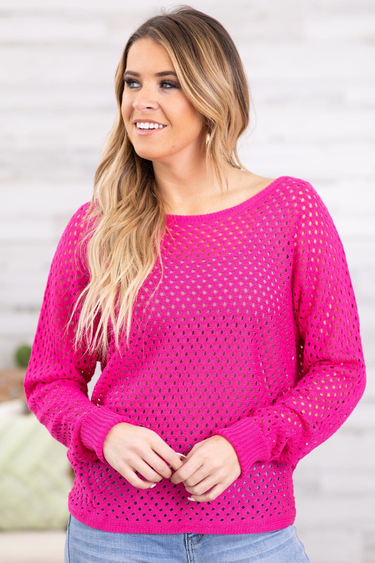 Hot Pink Open Knit Sweater · Filly Flair