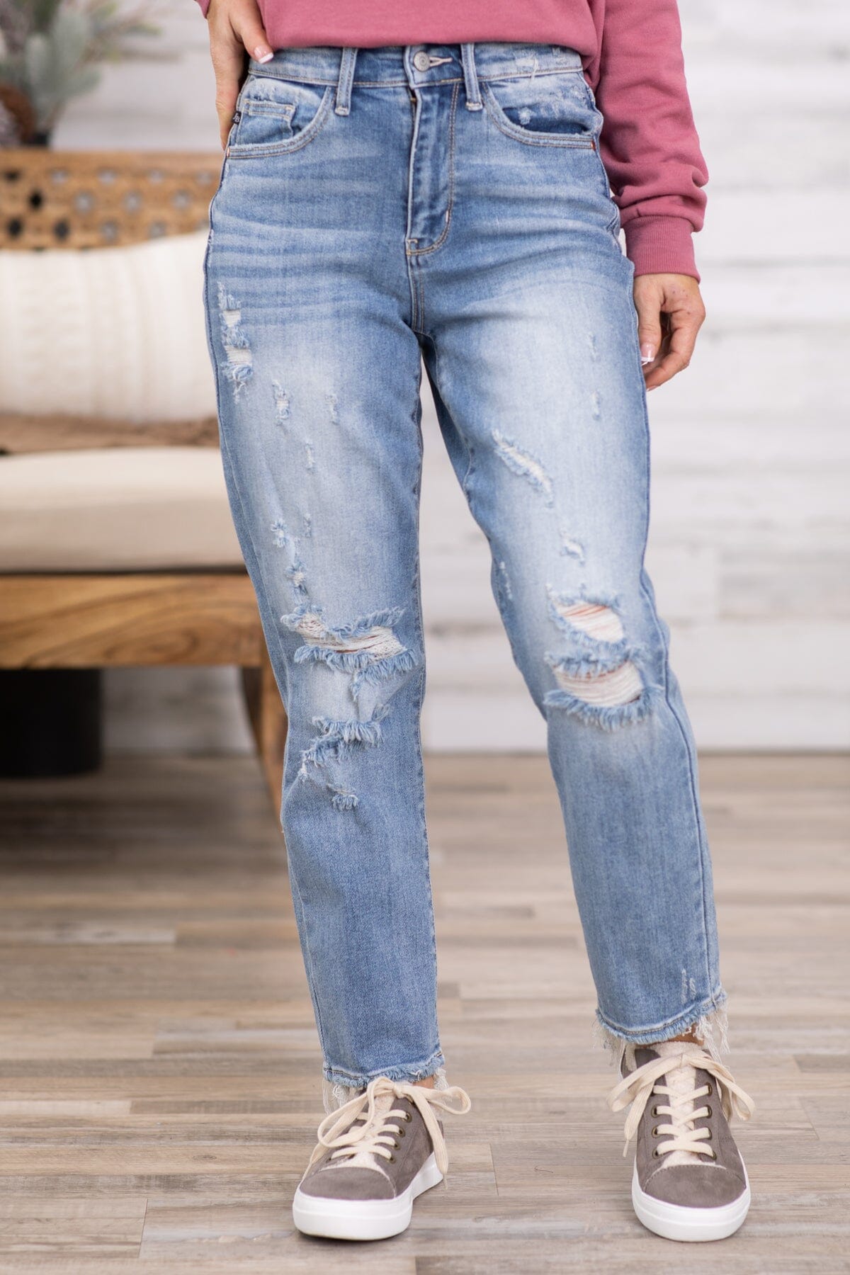 Judy Blue Distressed Knee Wide Leg Jeans · Filly Flair