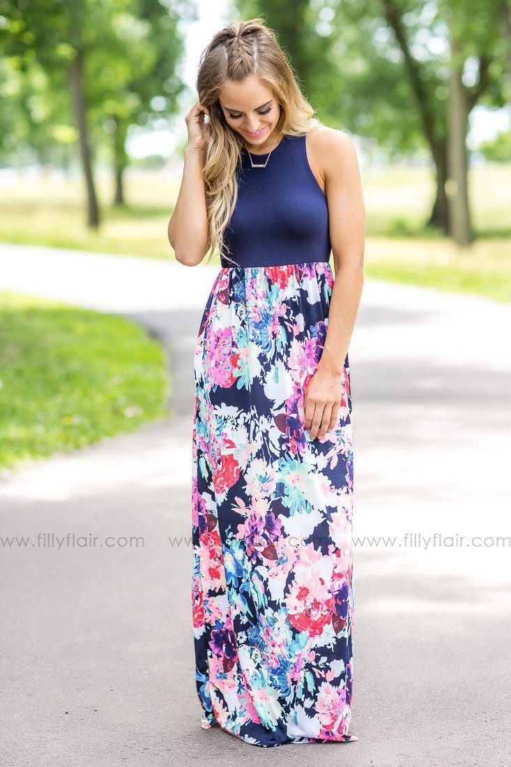 Conflicted Ways Neon Print Floral Maxi Dress in Navy – Filly Flair