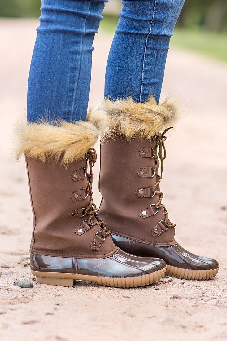 *Fur Top Lace Up Duck Boots in Brown – Filly Flair