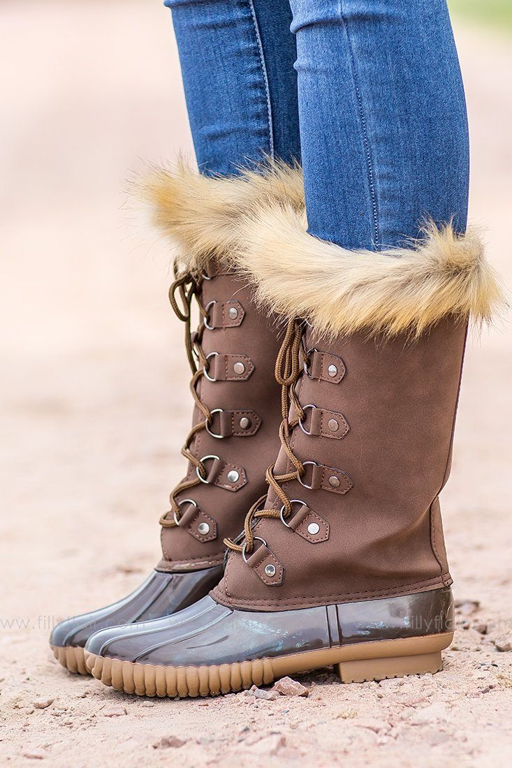 *Fur Top Lace Up Duck Boots in Brown – Filly Flair