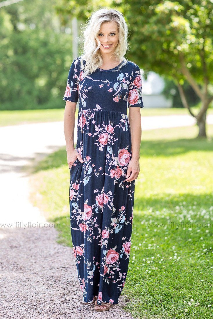 Long Live Navy Floral Printed Maxi Dress With Pockets Filly Flair 