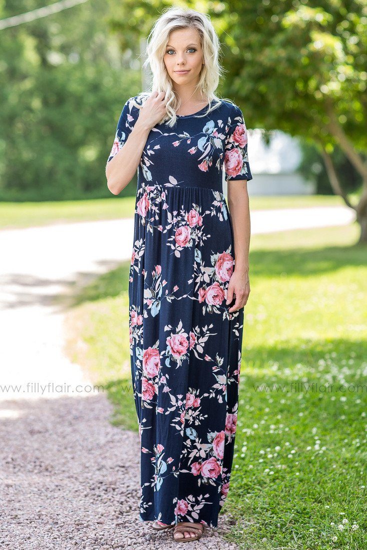 Long Live Navy Floral Printed Maxi Dress With Pockets Filly Flair