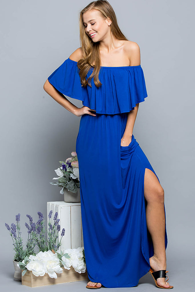 blue off shoulder maxi dress