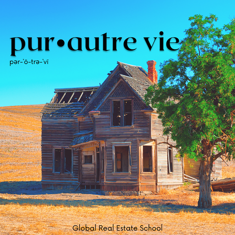 A picture of a dilapidated, old abandoned house with the words "pur autre vie" in bold font