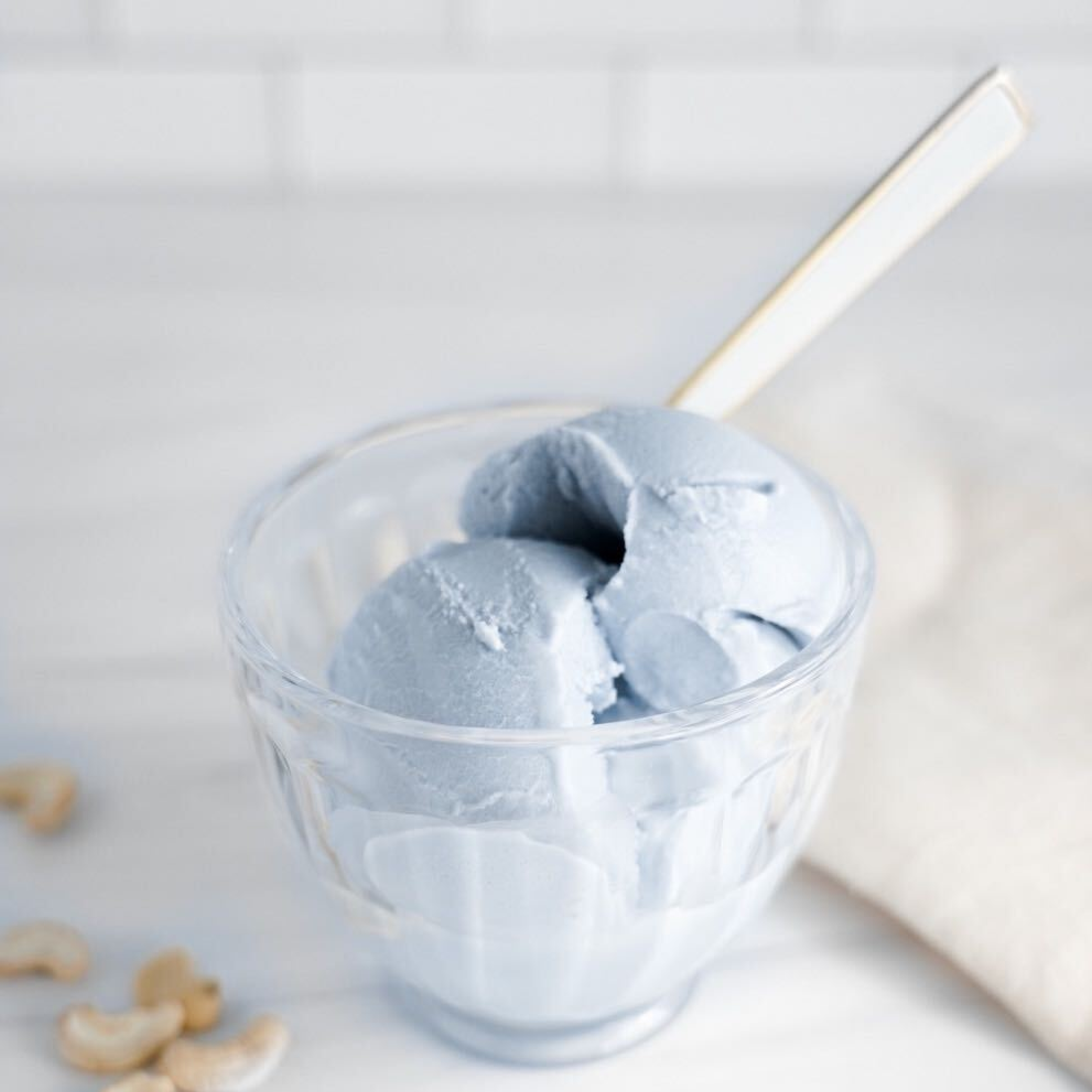 vegan blue vanilla ice cream in a bowl