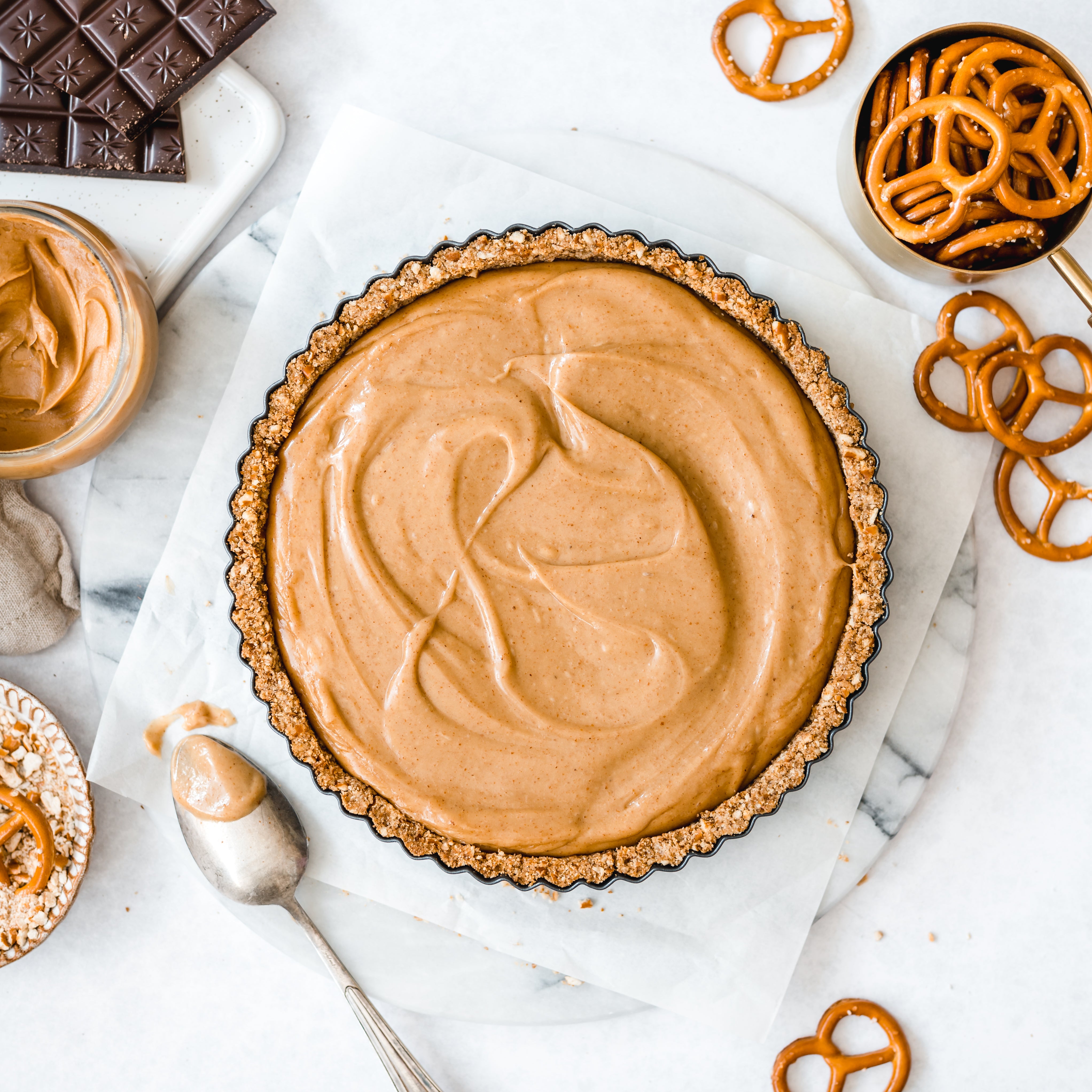 Vegan and Gluten-free Chocolate Peanut Butter Pretzel Tart