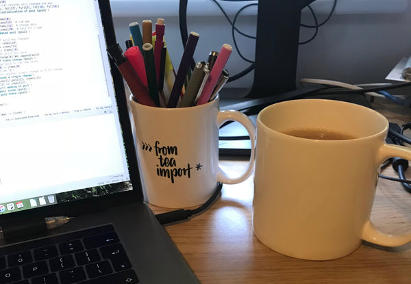"from tea import *" Python mug used as a penholder