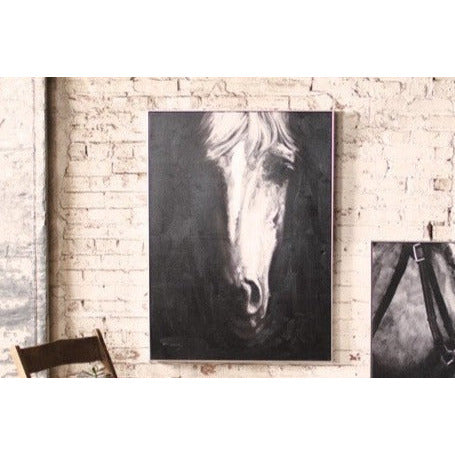 Oil Painting Black And White Front View Horse With Silver Frame Chapin Furniture