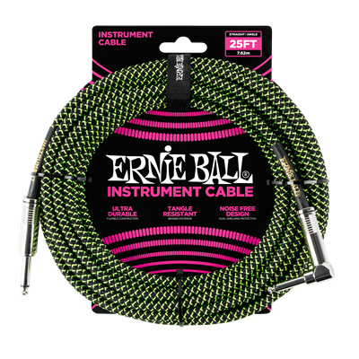 Ernie Ball 25Ft Straight-Angle Braided Black-Green Image 1