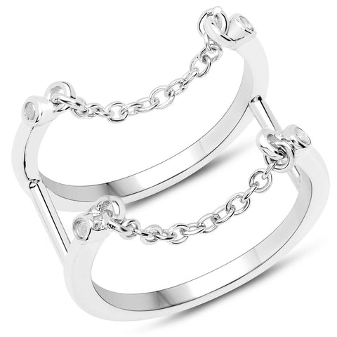 LoveHuang 0.04 Carats Genuine White Diamond (I-J, I2-I3) Dangling Chain Ring Solid .925 Sterling Silver With Rhodium Plating