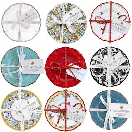 Le-Cadeaux-Appetizer-Plates-Rustica-Antique-White-Rooster-Yellow-Noel-Natale-Garnet-Jardin-Black-Florence-Antiqua-Turquoise-Blue