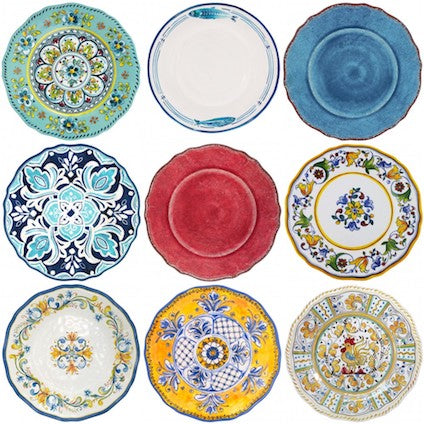 Le-Cadeaux-Dinner-Plate-Madrid-Turquoise-Santorini-Fish-Antiqua-Blue-Red-Havana-Capri-Floral-Harvest-Benidorm-Rooster-Yellow