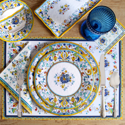 le-cadeaux-florence-rooster-yellow-blue-dinner-plates-salad-plates-napkins-desert-bowls