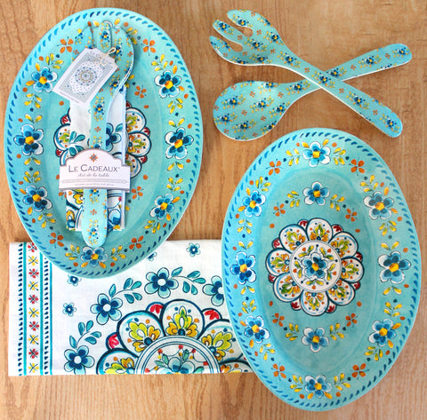 Le-Cadeaux-Madrid-Turquoise-oval-platter-servers-tea-towel-gift-set-gs-pst-madt