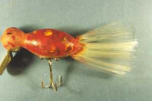 Musky Size Bug-R-Bird with hair in the tail and large brass lip without a wire leader. The  body length is 2-3/4".