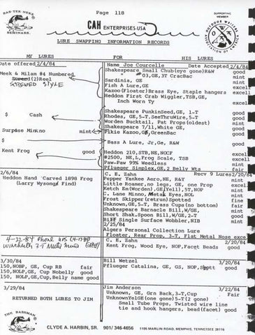 Record of Exchange of the 1898 Heddon Handmade Frog from Mr. Harbin to Mr. Zahn