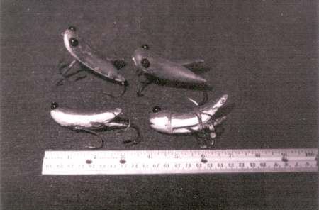 This four frog picture was taken June 16, 1977 when Mr. Harbin cleared the Dowagiac Board of all Non Heddon lures.  The upper left frog was in Mr. Harbin's collection until it was purchased by Bass Pro Shops, April 22, 1995.