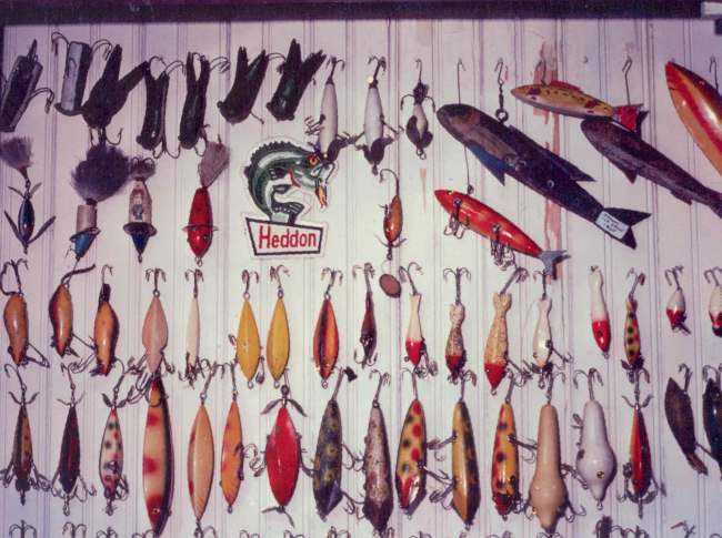 June 17, 1977 - The Top Half of the James Heddon's Sons board after Clyde A. Harbin Sr. separated the Non Heddon Lures.  Notice the seven 1898 Heddon  Hand Made Frogs.