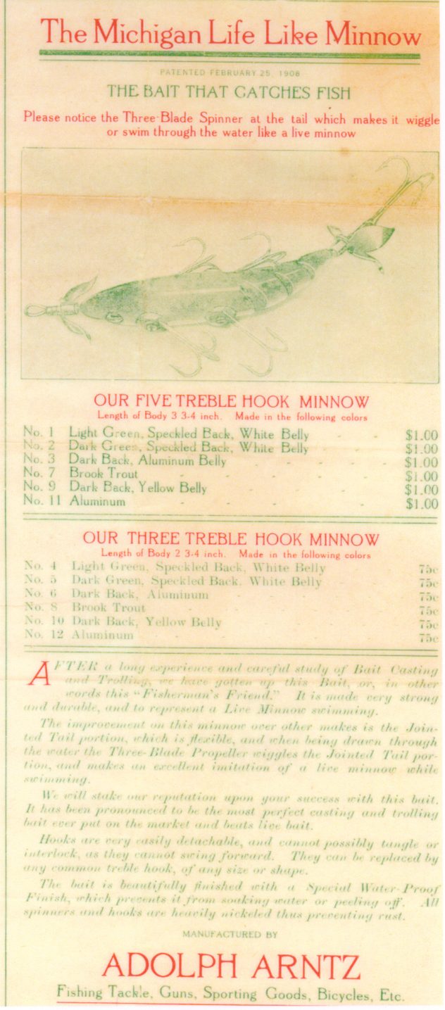 This Michigan Life-Like Lure Pamphlet was found by Clarence E. Zahn  Acquired by Tim Watts.  A Grandson's gift to Clyde A. Harbin Sr.  Reproductions  Courtesy of Clarence Zahn, Tim Watts and Clyde Harbin Sr.