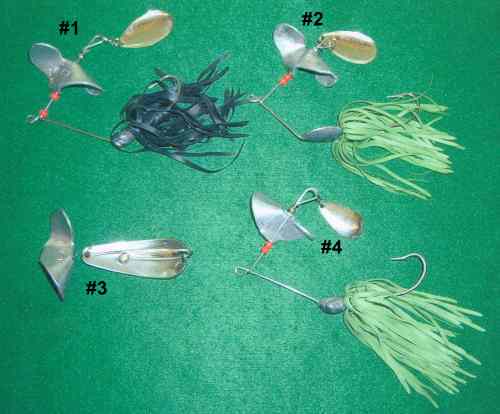 Water Walker #1 & #2 lures caught most of the bass in the pictures.  #3 is a unassembled first style Buzz/Rex spoon.  #4 is a "Sputter Fuss" propeller on first style of the Bassman Water Walker.