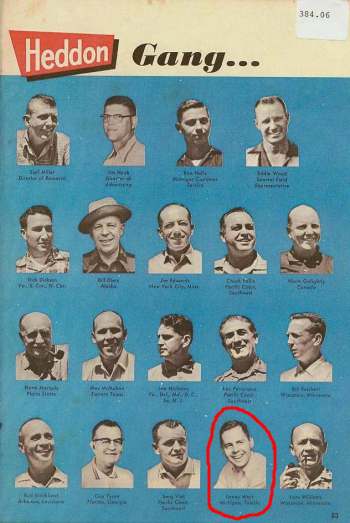 Circled in red "Uncle" Homer Circle (upper left) and Lanny West (lower right) are members of the James Heddon Sons 1961 Catalog Team.  Courtesy of Joe Stagnitti.  Also on page #380.01 of The Heddon Historical Footprints Book.